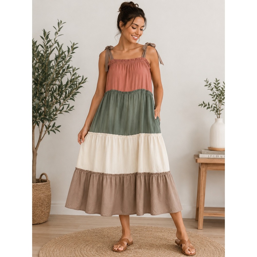 Polagram Tiered Colorblock Midi Dress Boho Tie Shoulder Smocked Terracotta Green